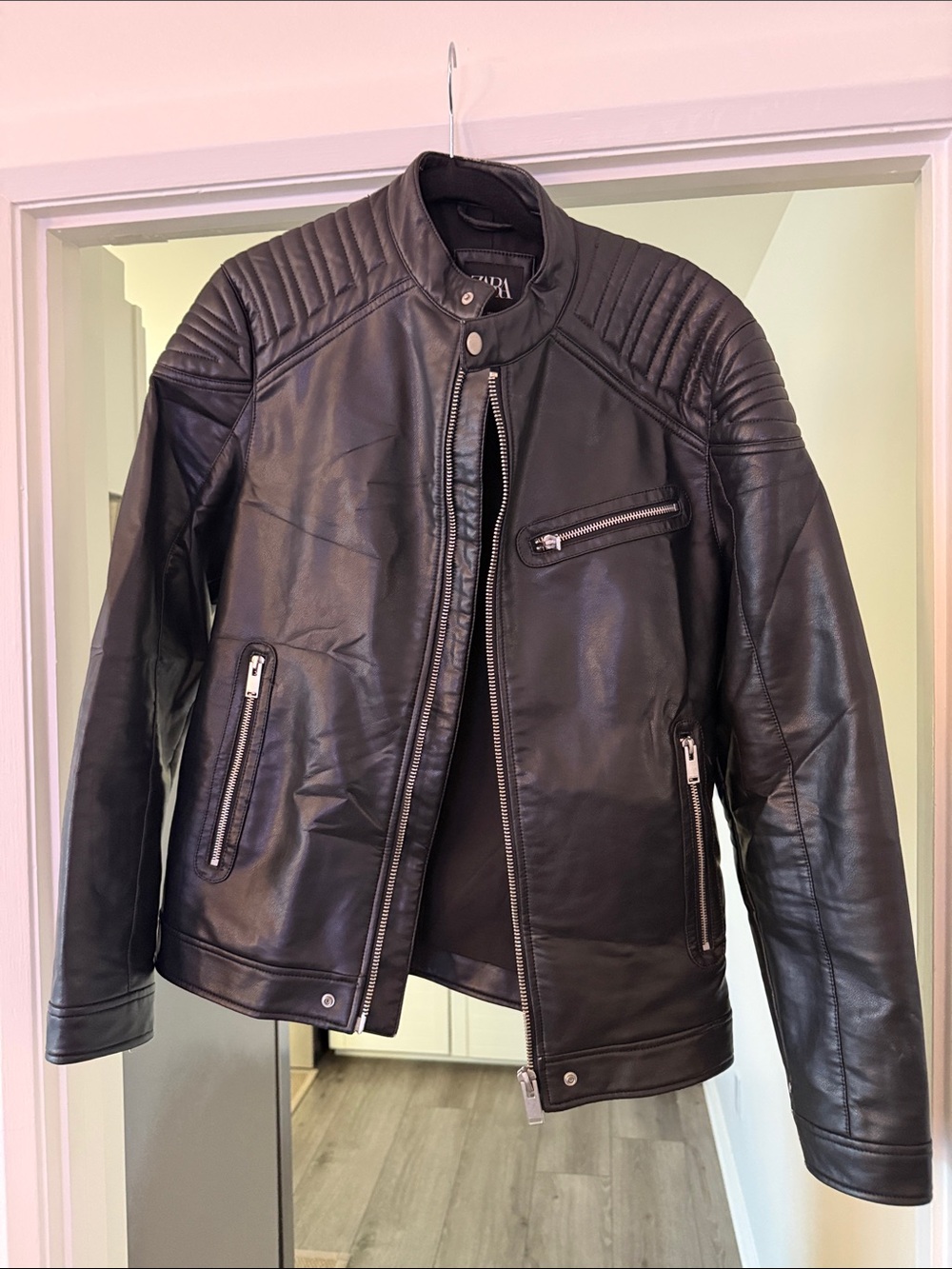 Zara Men's Black Quilted Shoulder Leather Bomber Jacket